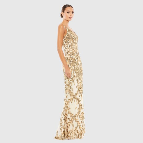 NWT Mac Duggal Embellished Leaf Evening Gown 8 Nude Gold #8259 - Picture 2 of 10